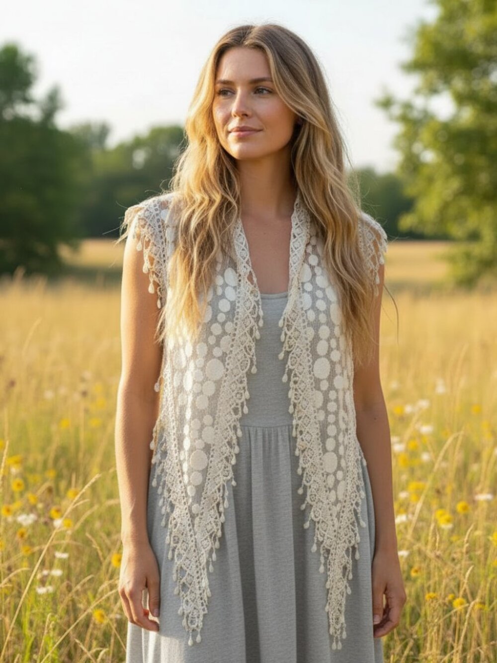 Women's Scarf Cream Beige Fringe Sheer Mesh Lace Cottage Boho Coastal Coquette - Picture 1 of 7